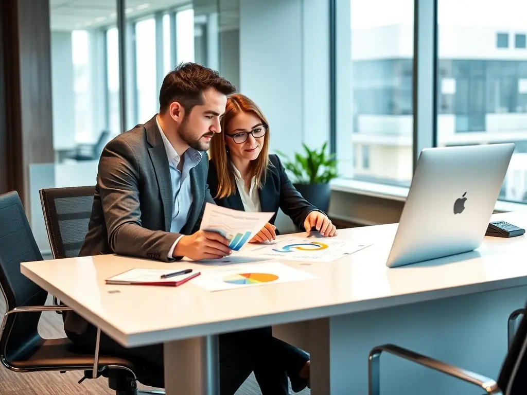 A professional business coach in a modern office setting, guiding a client through a strategic planning session, with charts and graphs visible in the background.